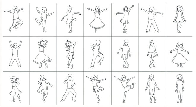 Minimalist line art dancing children collection, 21 vector outline icons of happy kids in motion, simple black and white child dancer silhouettes
