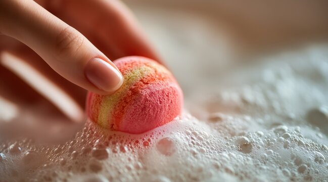 Hand placing pink and yellow bath bomb in foamy water