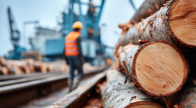 Stacked wooden logs at lumber yard with worker and crane in background