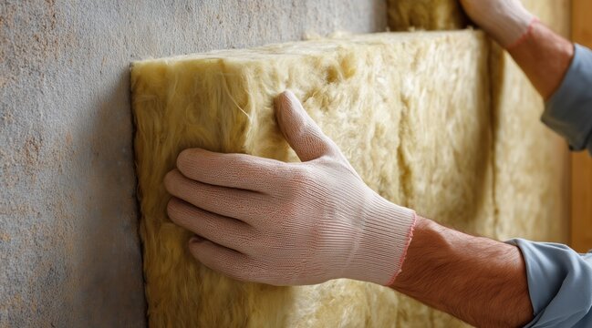 Worker in gloves installing mineral wool insulation on concrete wall