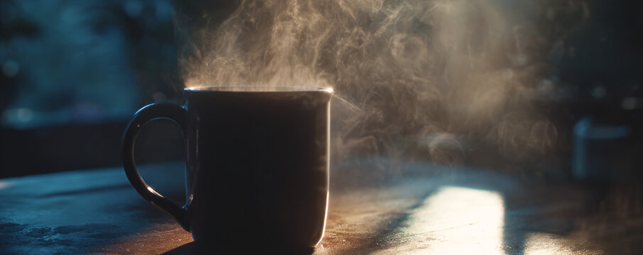 Cinematic rim lighting capturing steam density around mug silhouette 32k ultra HD