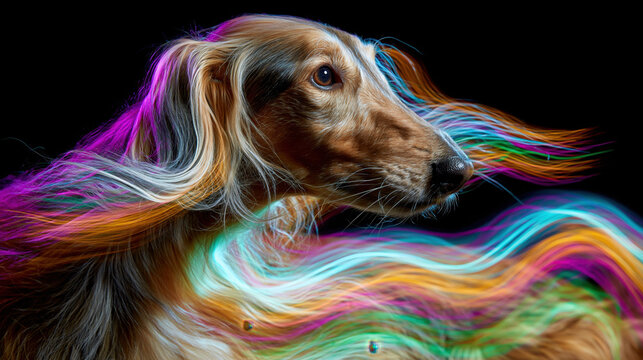 Golden dog face with full spectrum rainbow light painting arcs in triadic portrait art
