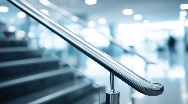 Stainless steel handrail and glass balustrade on staircase in modern interior