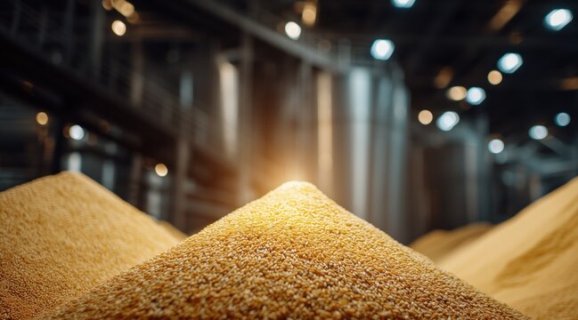 Golden grain heap in industrial storage warehouse with silos