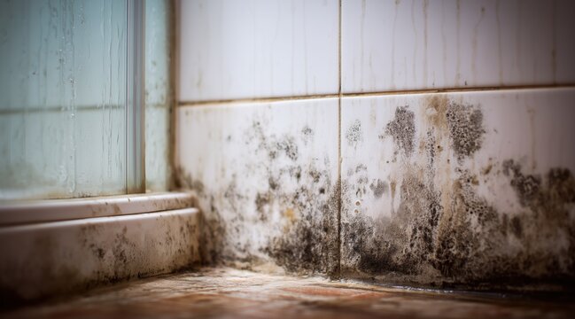 Black mold and fungus growth on bathroom tiles and shower stall frame