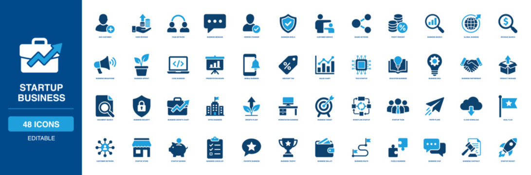 Tech Startup Business Solid Icon Set Illustrating Verified Founder Revenue, Profit Shield Presentation, Discount Sales Chart Sprout Document Growth, Workspace Puzzle Briefcase Rocket Goal Target