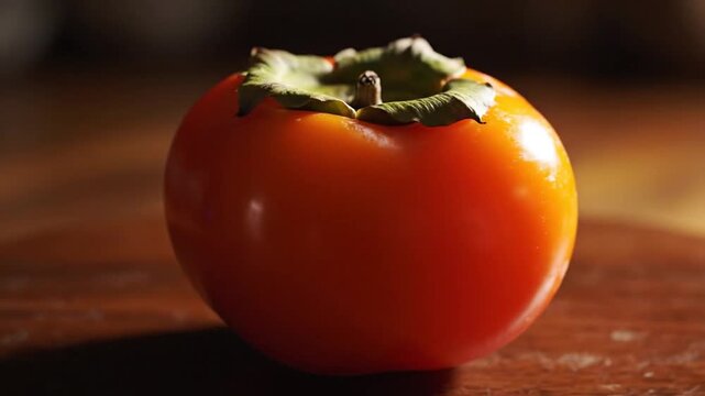 Ripe orange persimmon fruit on wooden table, fresh organic kaki fruit with dramatic lighting, cinematic close up of seasonal autumn produce