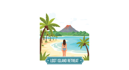 Fototapeta premium A woman in a striped bikini stands on a tropical beach looking toward a large volcanic island featuring dense green vegetation and a clear blue ocean bay.