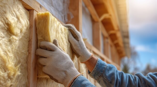 Worker installing mineral wool insulation in wooden wall frame