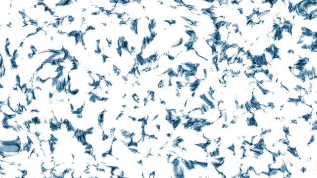 Blue water droplets swirl against a clean white background. Dynamic movement of liquid forms creates an energetic visual pattern