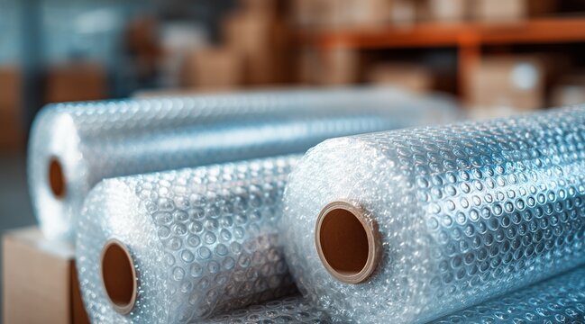 Transparent air bubble film rolls for safe packaging in industrial warehouse