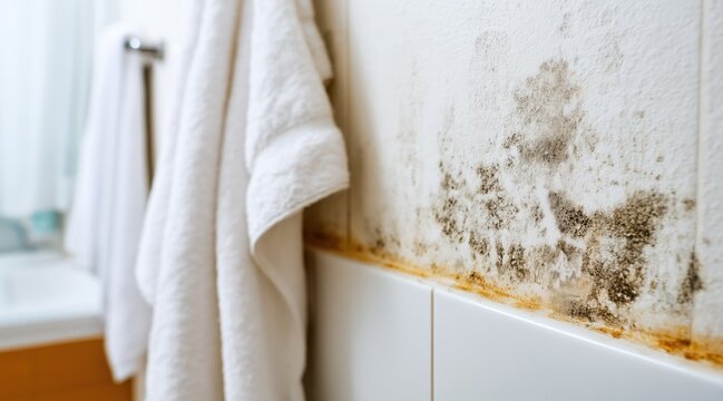 Black mold and mildew growth on white bathroom wall above tiles