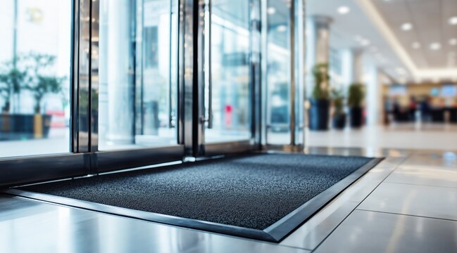 Black floor mat at glass entrance door in modern lobby