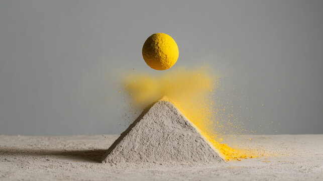 Ai Dust rising from a yellow ball hovering over a pyramid shape made of powder on a light background