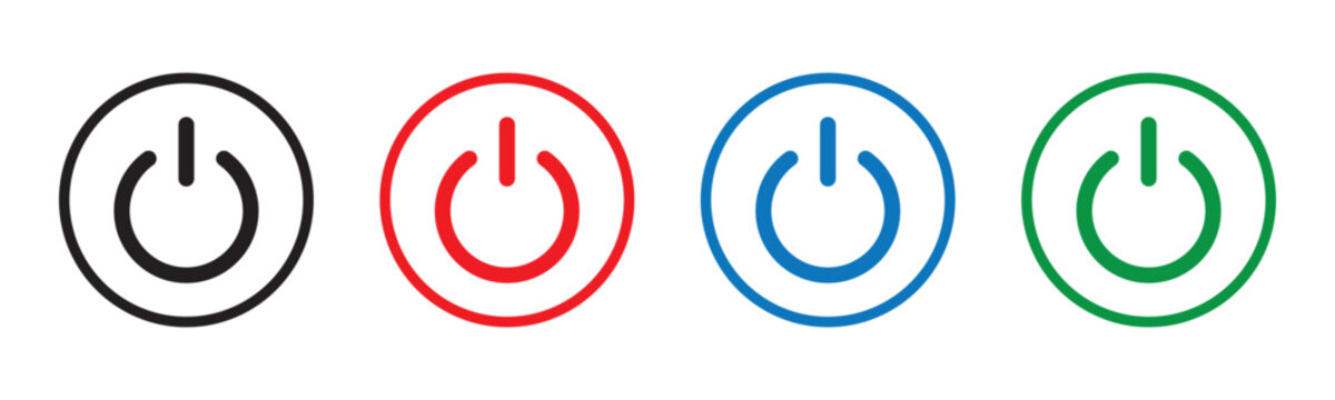 Power button icon set in black red blue and green colors for modern user interface and technology design