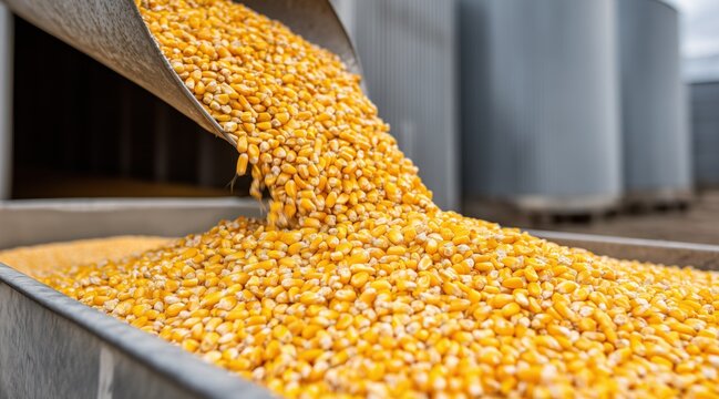 Golden corn kernels pouring from metal chute into container at farm
