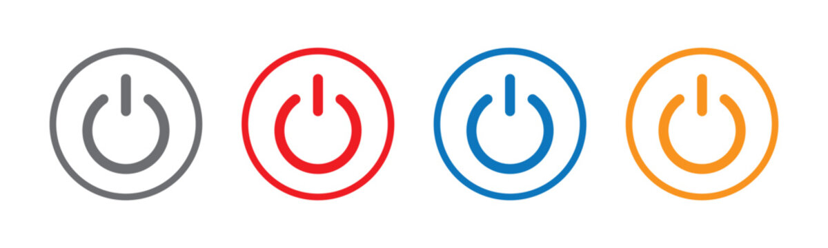 Power button icon set in black red blue and green colors for modern user interface and technology design