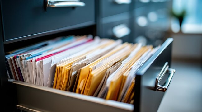 Open filing cabinet drawer filled with paper folders and documents in office