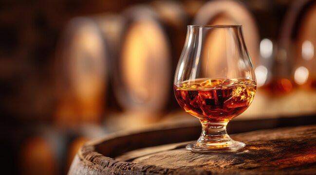 Glass of amber liquor on ice atop wooden barrel in distillery cellar