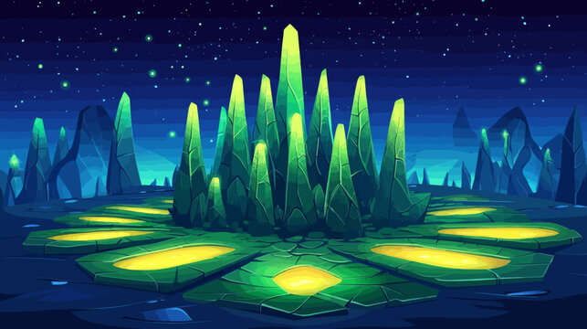 Pixelated illustration of a mystical alien landscape with glowing plants under a starry night