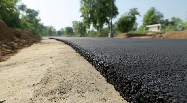 Fresh black asphalt pavement edge on rural road construction site