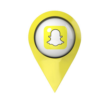 3D rendering of a glossy yellow location pin marker with the Snapchat logo icon isolated on white