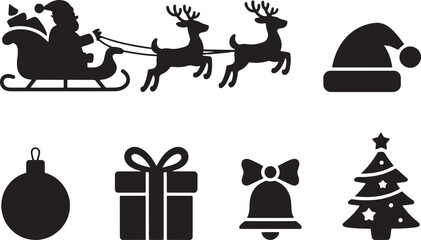 Christmas holiday icons set, Santa sleigh reindeer gift tree silhouette © Md