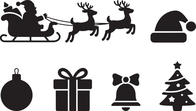 Christmas holiday icons set, Santa sleigh reindeer gift tree silhouette