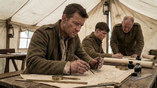 Military Cartographers Updating Campaign Maps in Historical War Room