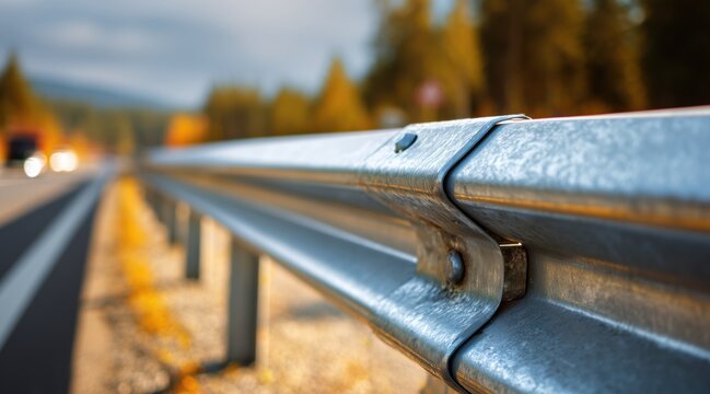 Close up of galvanized steel guardrail by road with blurry autumn trees