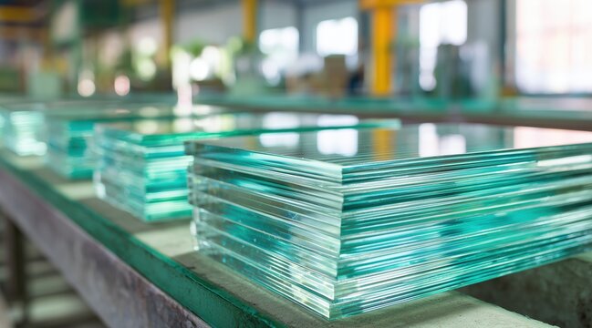 Stacked flat glass sheets in industrial workshop