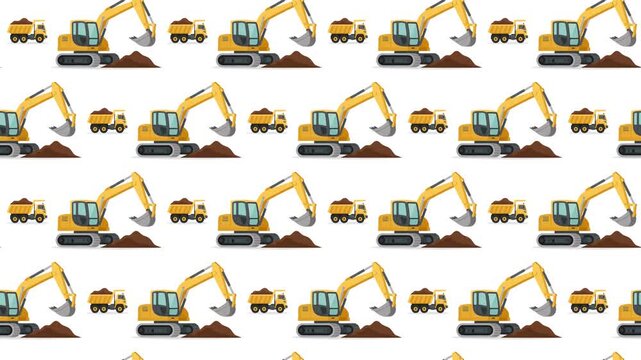 Construction Dump Truck and Excavator Seamless Pattern Background, heavy machinery and building site concept.