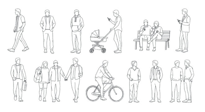 Minimalist line art people silhouettes, architectural scale figures set, black and white outline drawings of urban pedestrians for architectural visualization