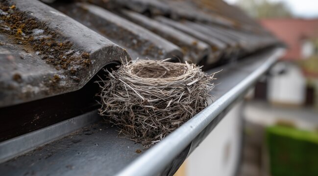 empty bird nest sitting in house roof gutter under grey tiles