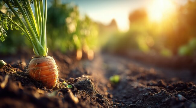 Carrot growing in field at sunset