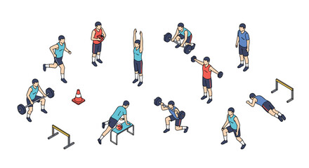 Fototapeta premium Several athletic male figures engage in various physical gym training exercises like weightlifting and hurdle jumping within a clean isometric white graphic environment.