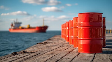 Naklejka premium Red barrels on wooden dock with cargo ship in background