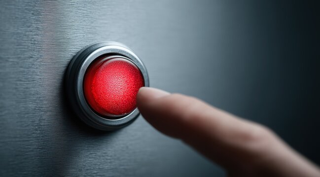 Finger approaching glowing red button on brushed metal surface