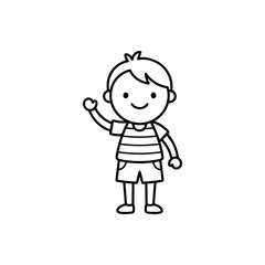 Fototapeta premium Cute cartoon boy waving hand in simple line art style.