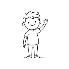 Fototapeta premium Cute cartoon boy waving hand in simple outline drawing.