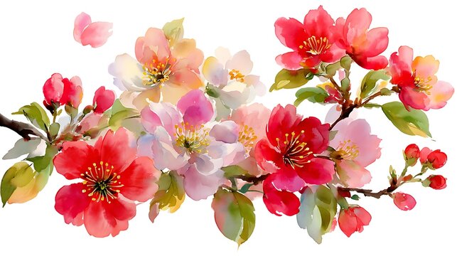 Watercolor style cherry blossom branch with pink and red flowers isolated on white background