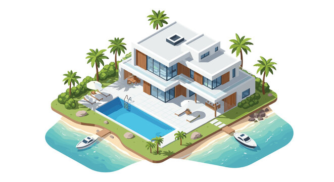 An isometric luxury multi-level villa with an expansive swimming pool is located on a private tropical island with two boats docked on opposite sandy shores.