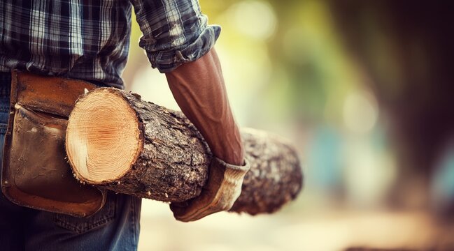 Lumberjack carrying heavy wooden log under arm outdoors