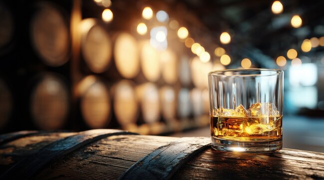 Glass of whiskey with ice on wooden barrel in aging cellar