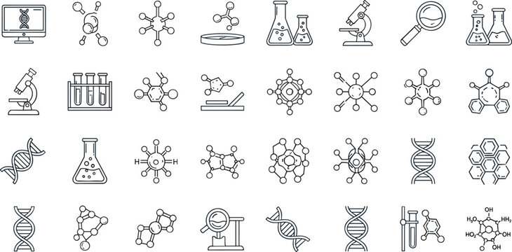Chemical and Molecular Science Icons Set with Microscope, Test Tubes, DNA, Molecule Structures, and Other Laboratory Symbols for Vector Design