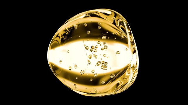 Luxurious golden liquid bubble with rising droplets, symbolizing premium skincare serum, beauty essence and hydration. Glossy 3D abstract sphere on a dark minimal background.