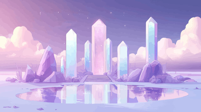 A fantastical landscape with crystalline structures reflecting in a serene pool. Pastel colors and clouds