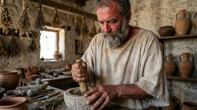 Ancient Greek Pharmacist Grinding Medicinal Herbs and Unguents