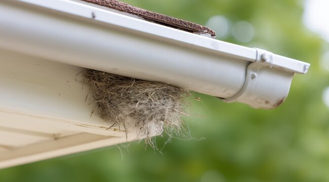Small bird nest tucked under white metal rain gutter on house exterior