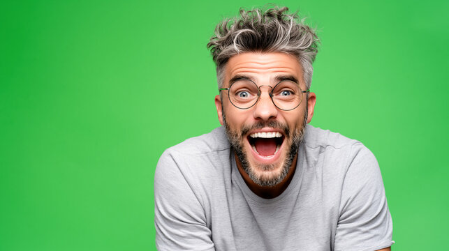Joyful Expression A man with salt and pepper hair and circular glasses beams with unrestrained joy, his expressive eyes and wide smile radiating genuine happiness against a vibrant green backdrop.